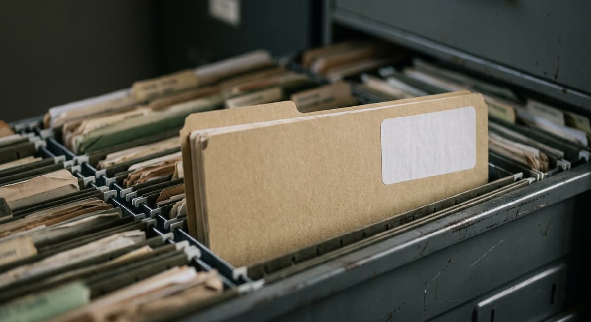 a plain manila folder labeled with a blank white sticker, resting in a filing cabinet drawer among many others