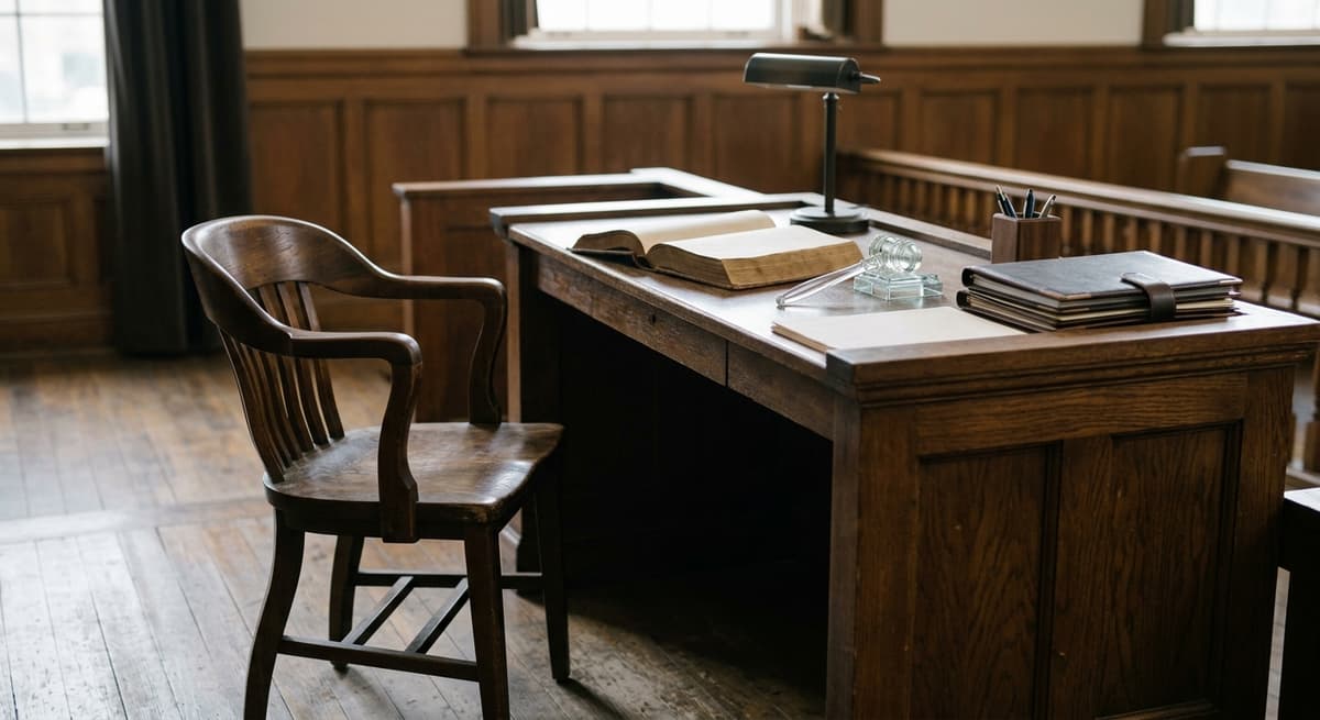 an empty wooden witness chair beside a court bench in a quiet, sunlit courtroom