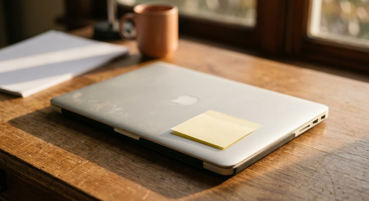 a closed laptop with a sticky note on top, the note blank and unreadable, on a home office desk