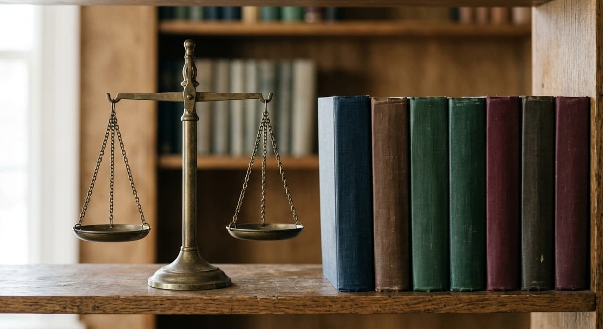 a brass scales-of-justice figurine on a bookshelf beside a row of plain hardcover law books, spines blank
