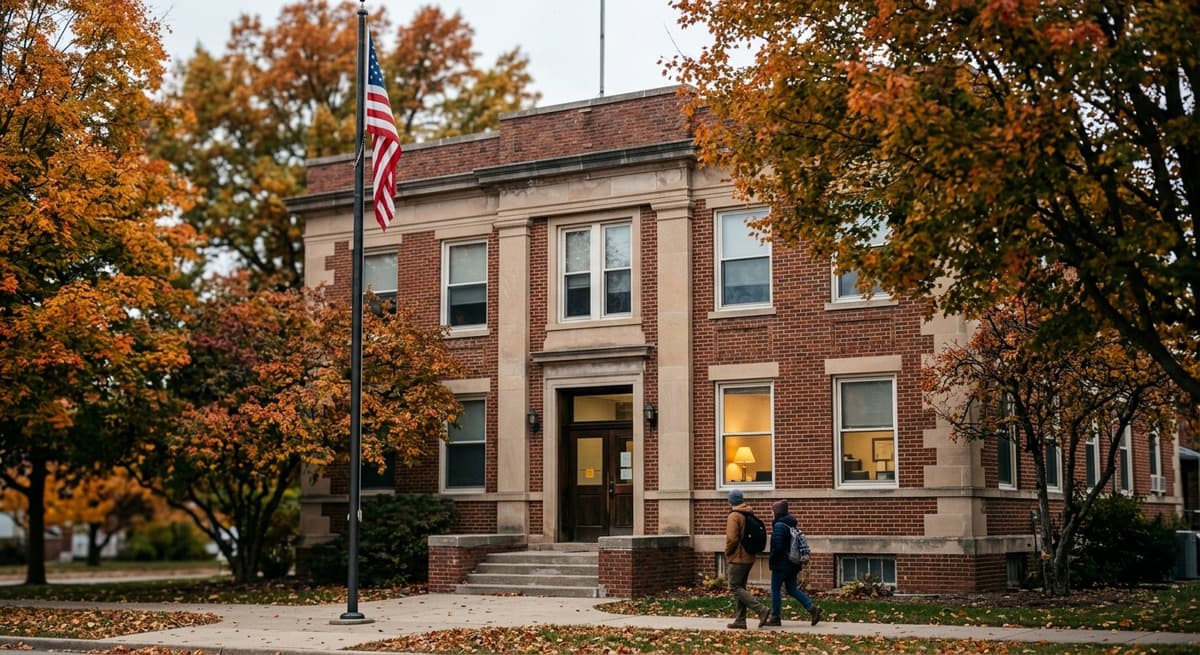 a modest county administration building exterior with a flagpole, autumn trees nearby, no signage in clear focus