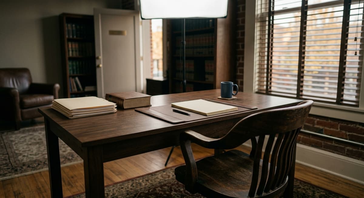 a single wooden chair pulled up to an empty desk in a small, quiet law office, late afternoon light through blinds