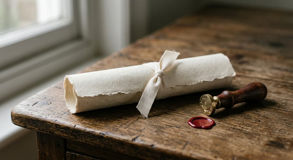 a rolled document tied with a plain ribbon, resting beside a small wax-seal stamp on a wooden desk