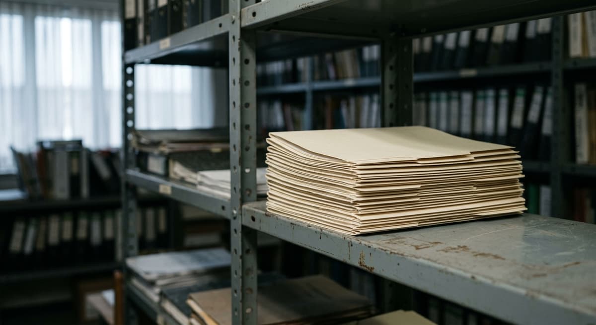 a stack of blank manila folders on grey metal shelving in a records room