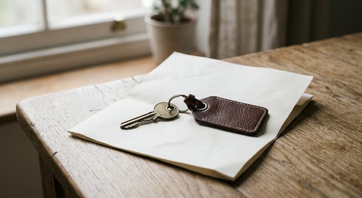 a house key and a small luggage tag resting on a folded letter, morning light through a window