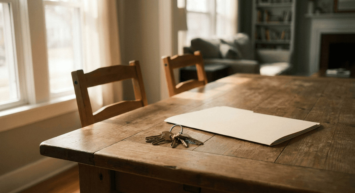 A set of house keys beside a closed folder on a wooden dining table with empty chairs