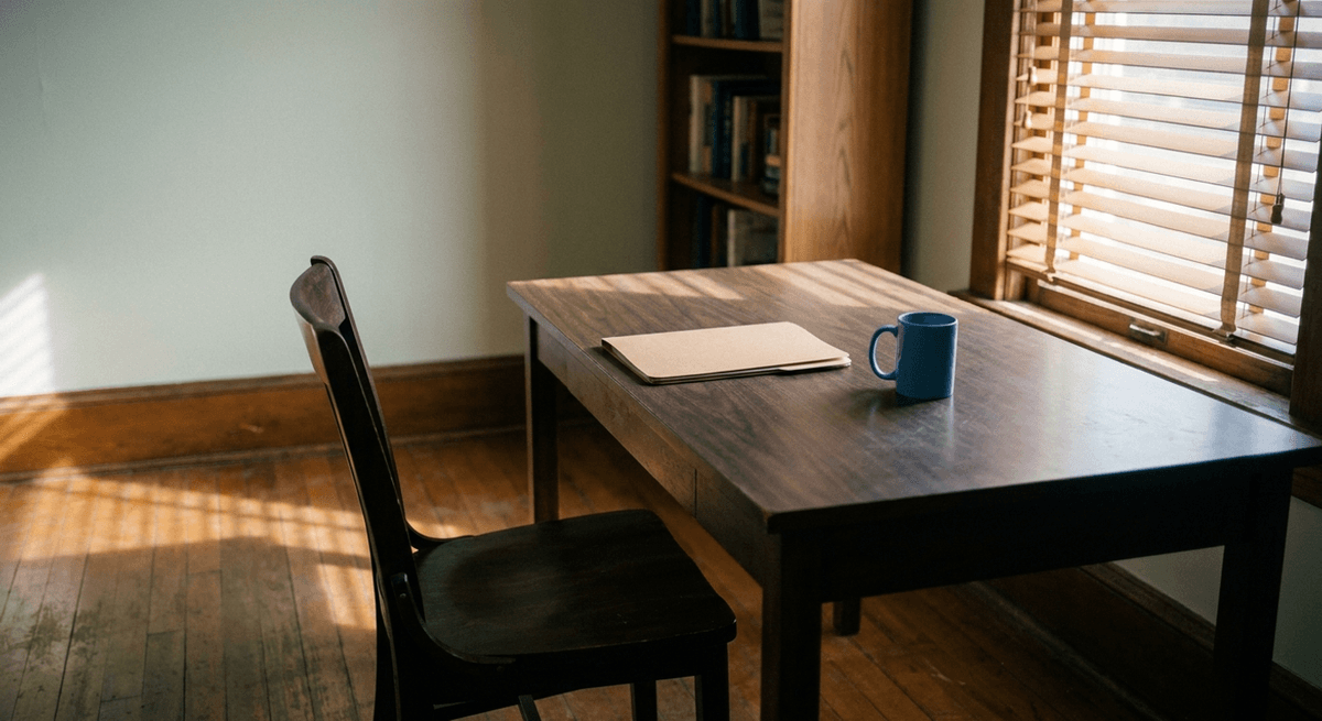 Single wooden chair at an empty desk with a closed folder and a mug in a quiet office with sunlight through blinds