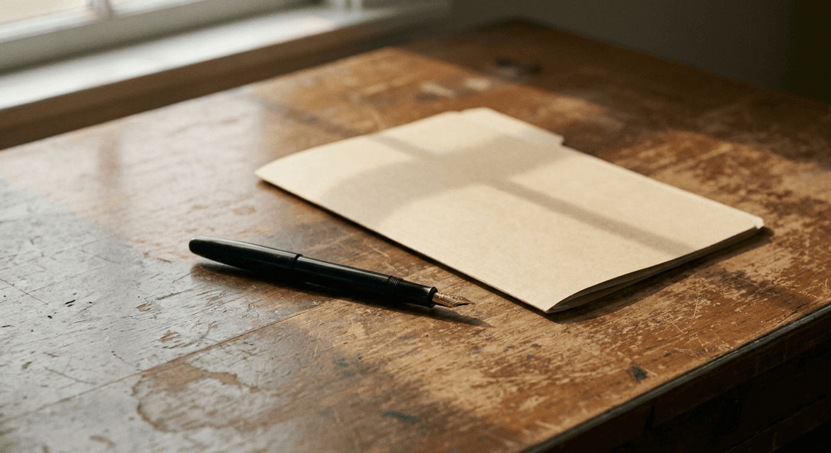 Black fountain pen beside a closed plain folder on a worn wooden desk