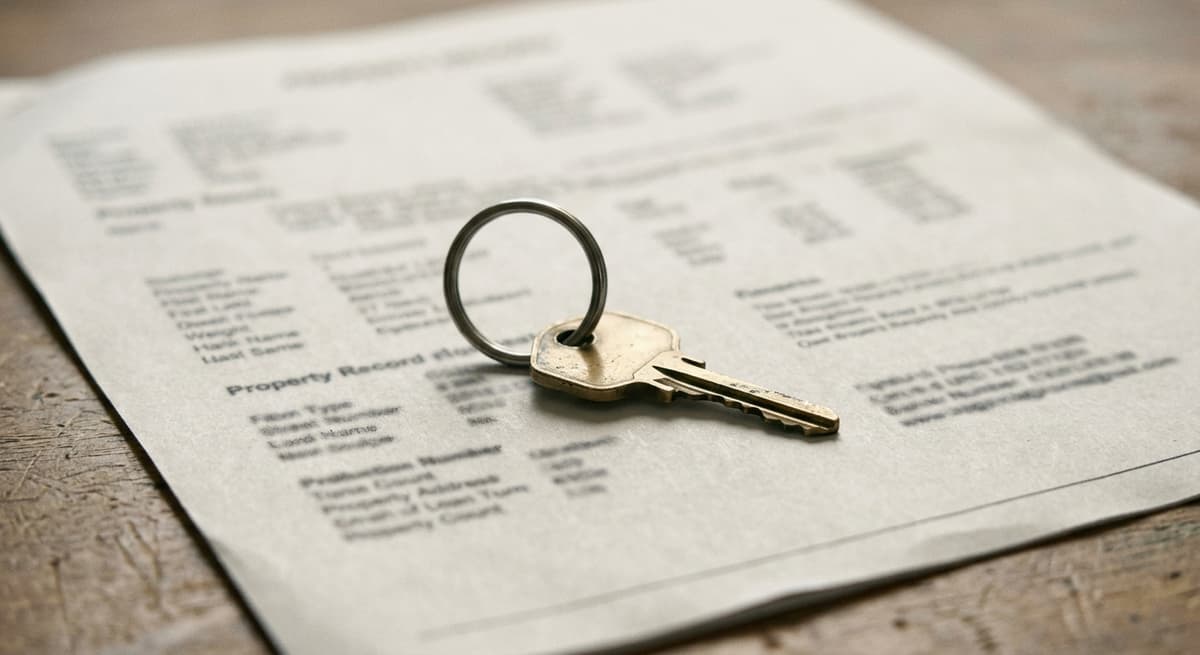 a single house key on a plain ring, resting on a printed property record with the details softly blurred