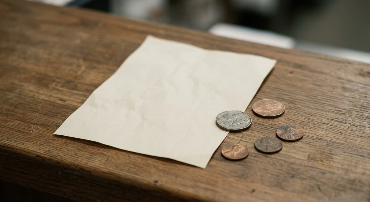 a printed fee schedule and a few coins resting on a wooden counter