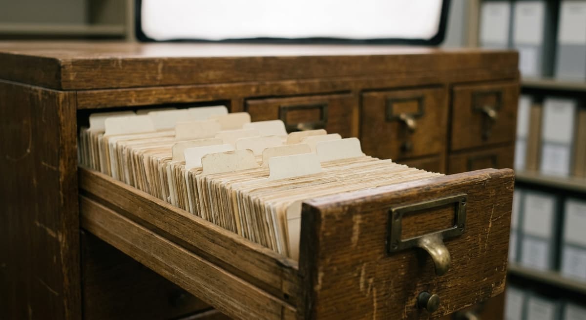 a wooden card-catalog drawer pulled open showing rows of labeled index tabs in a quiet archive