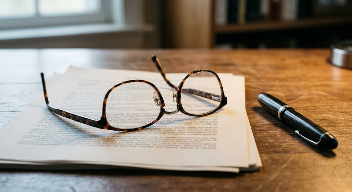 a pair of reading glasses resting on a printed legal document with the text softly out of focus, a fountain pen beside i