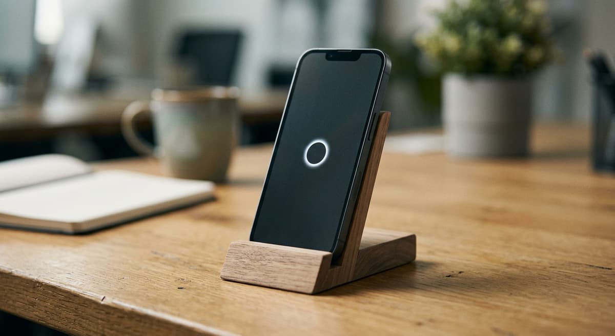 a smartphone propped on a stand showing a simple blank alert notification icon, resting on a desk