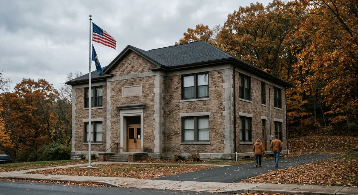 a modest county administration building exterior with a flagpole, autumn trees nearby, no signage in clear focus