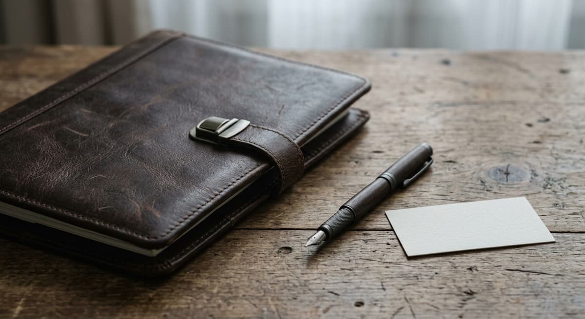 a closed leather portfolio folder resting on a wooden desk beside a pen and a blank business card