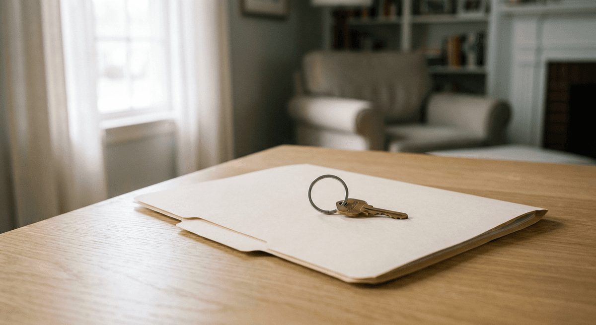 a single brass house key on a steel ring resting on a closed plain manila folder on an oak table