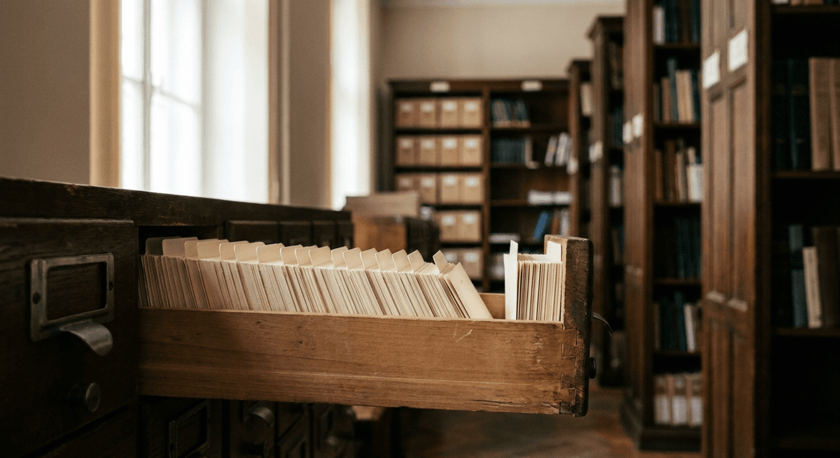 a wooden card-catalog drawer pulled open showing rows of blank cream index cards in a quiet archive