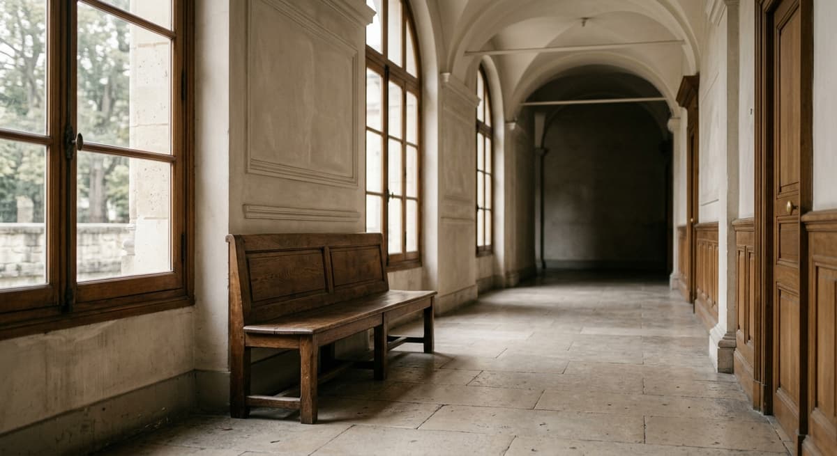 a courthouse hallway with a wooden bench and tall windows, empty, soft light