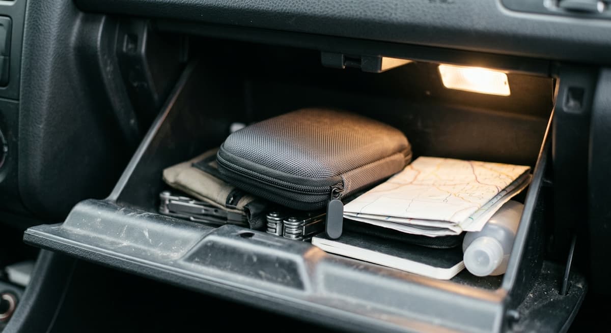 An open car glovebox holding a small zippered case and papers