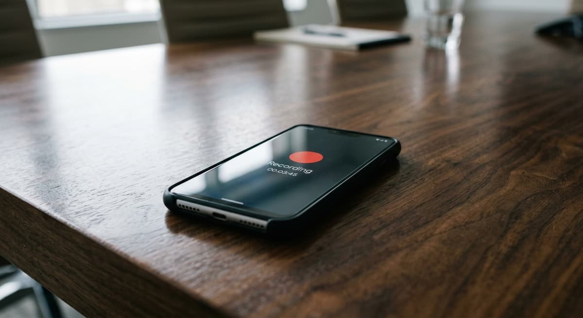 World smartphone lying flat on dark polished wood conference table