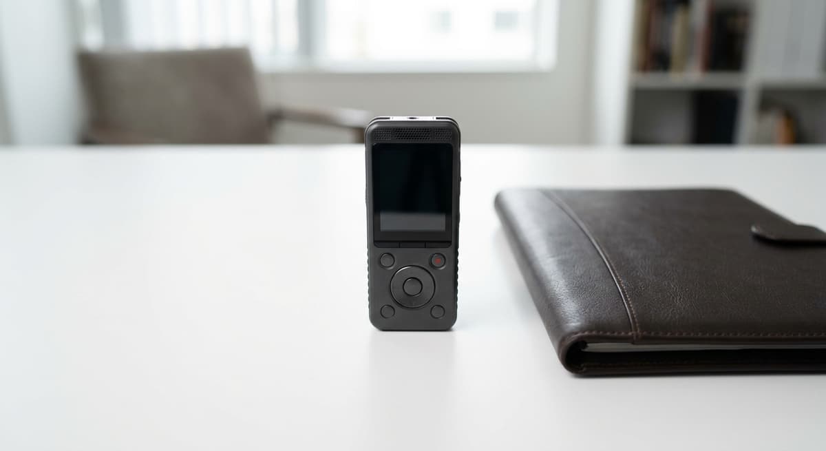 World professional voice recorder centered on a clean white desk with a leather portfolio