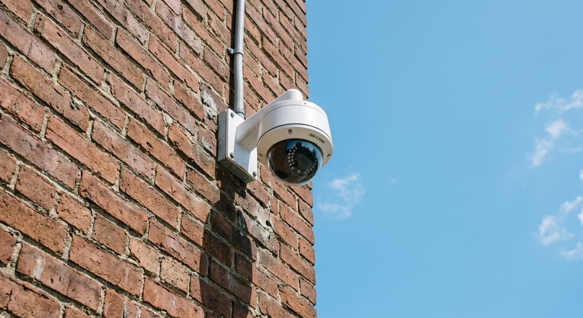 World dome security camera mounted high on an exterior brick wall, clear sky behind