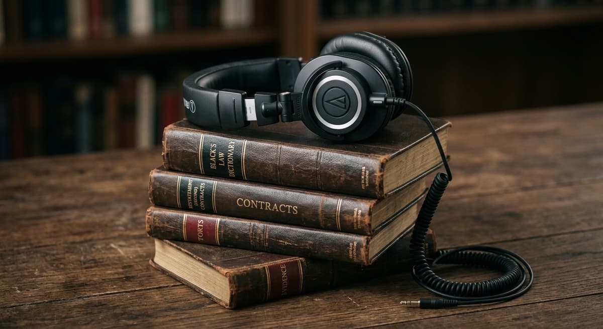 World pair of closed-back headphones resting on a stack of leather-bound legal volumes