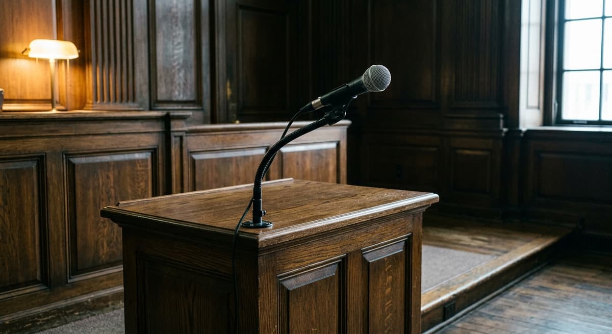 World microphone on a flexible gooseneck arm at an empty witness stand in a paneled co