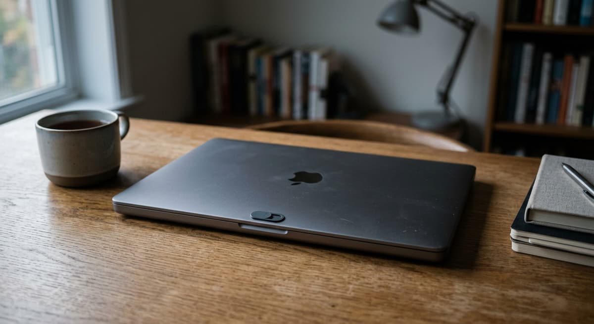 World closed laptop with a small adhesive webcam cover slider visible on the bezel