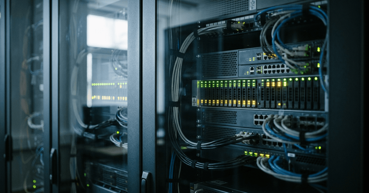 World row of server rack leds blinking green and amber behind a glass panel door