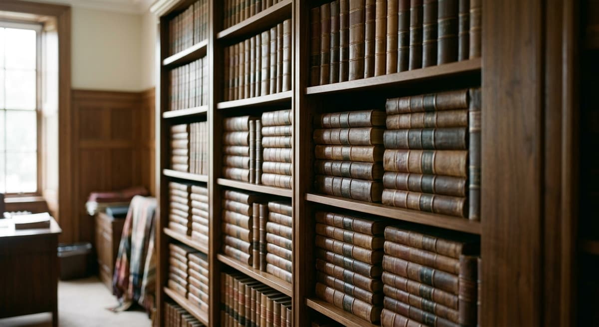 walnut bookshelf with leather-bound legal volumes in soft focus
