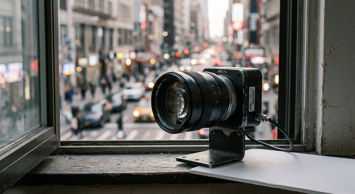 recording law: surveillance camera lens in sharp focus with a blurred urban streetscape behind
