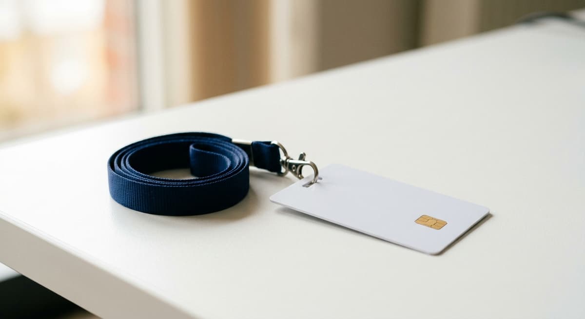 blank security access card on a navy lanyard on a white desk