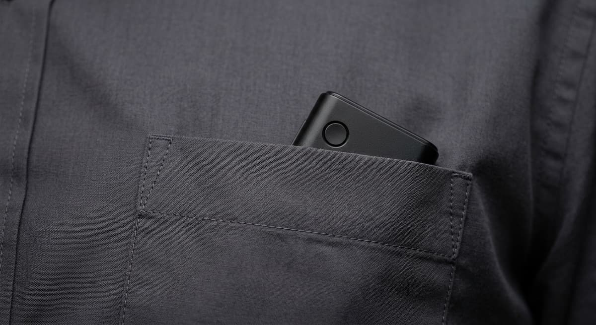 top edge of digital recorder peeking from a shirt breast pocket
