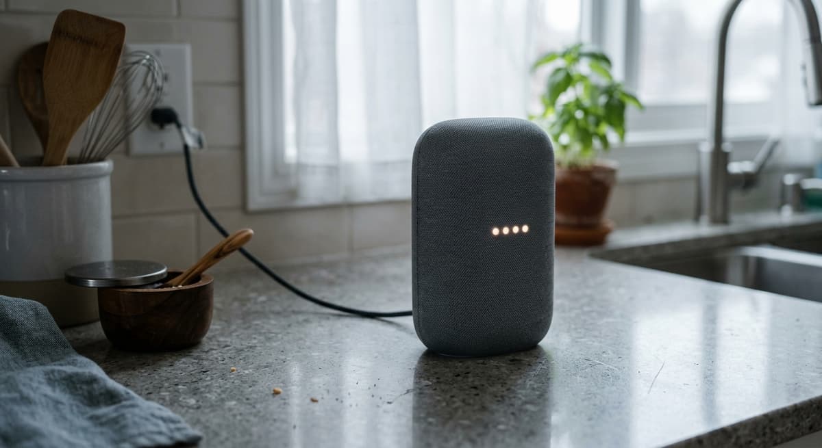 World modern smart speaker device sitting on a kitchen countertop