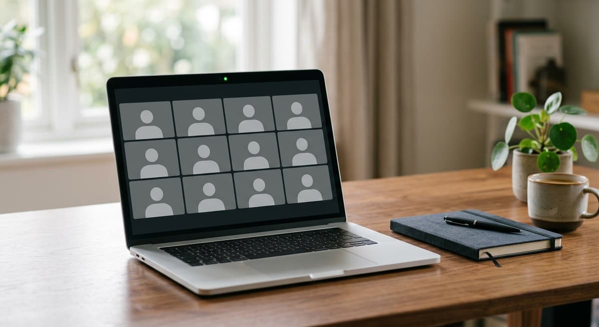 One-party consent: laptop showing a video call grid with anonymous silhouette tiles