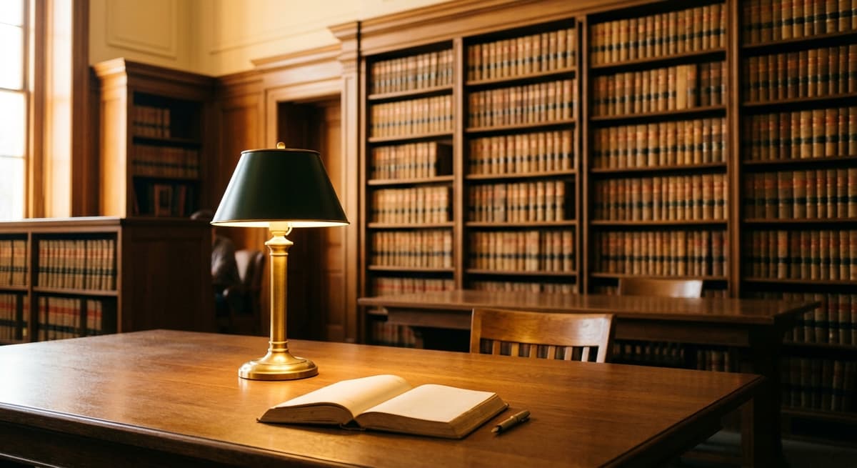 law library reading room with brass lamp and books in soft focus