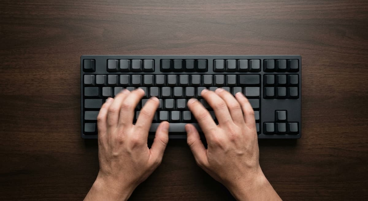 Oregon hands typing on a mechanical keyboard from above