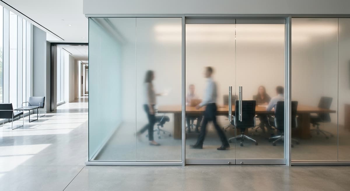 One-party consent: glass-walled conference room with figures behind translucent doors