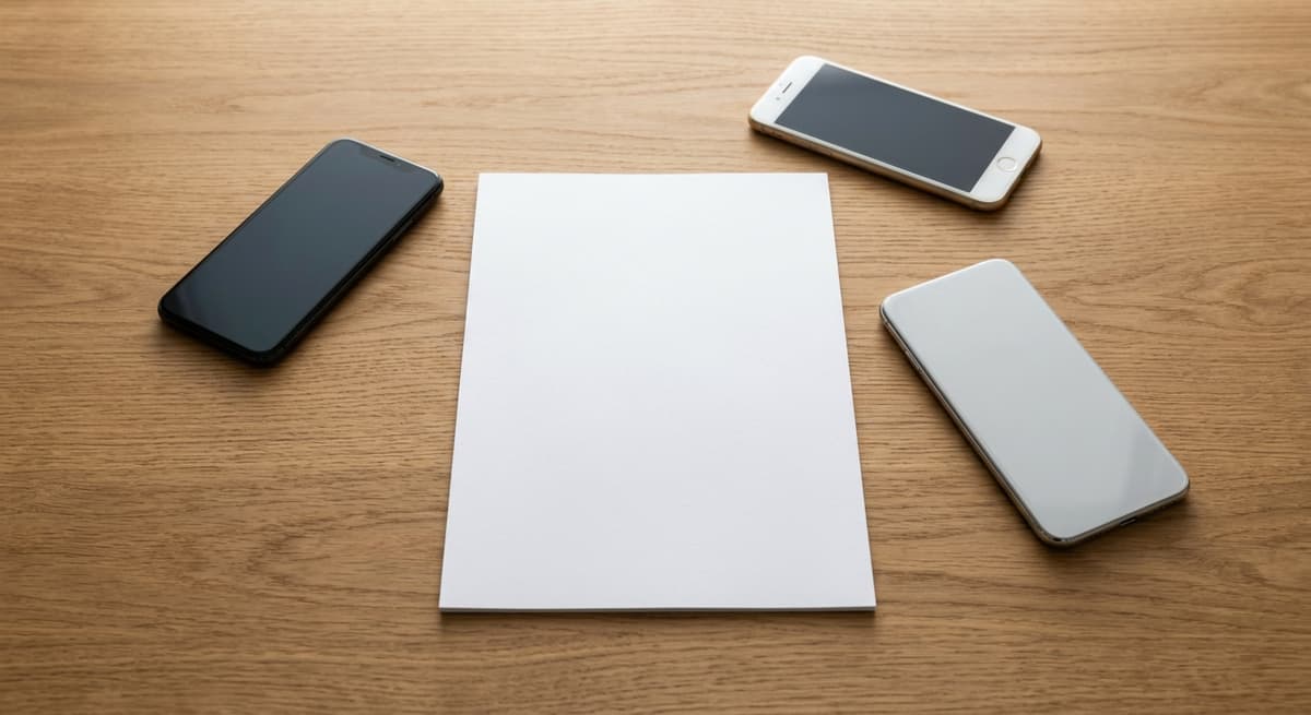 One-party consent: three smartphones around a blank document on a wooden desk