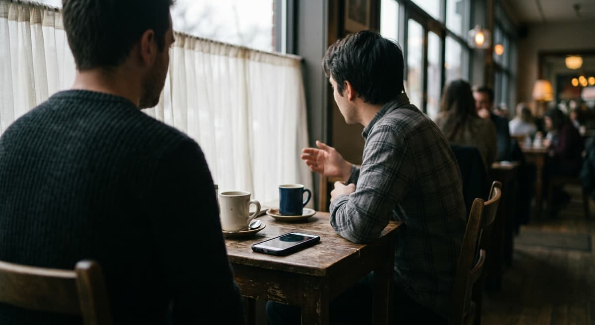 Oregon over-the-shoulder crop of two people seated across a small table mid-conversation