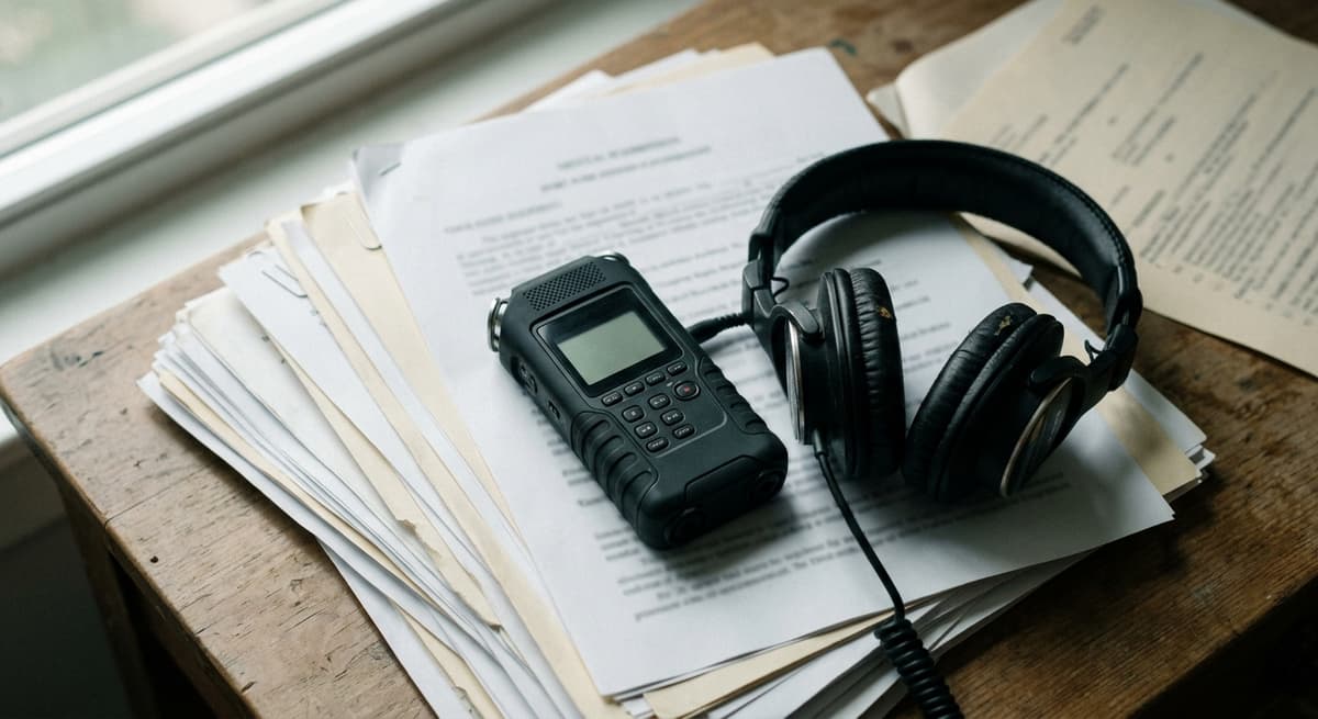 Indiana small audio recorder and headphones resting on legal documents