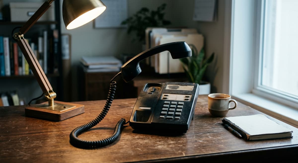 Tennessee desk phone handset lifted slightly off its cradle on an office desk with a coiled cord