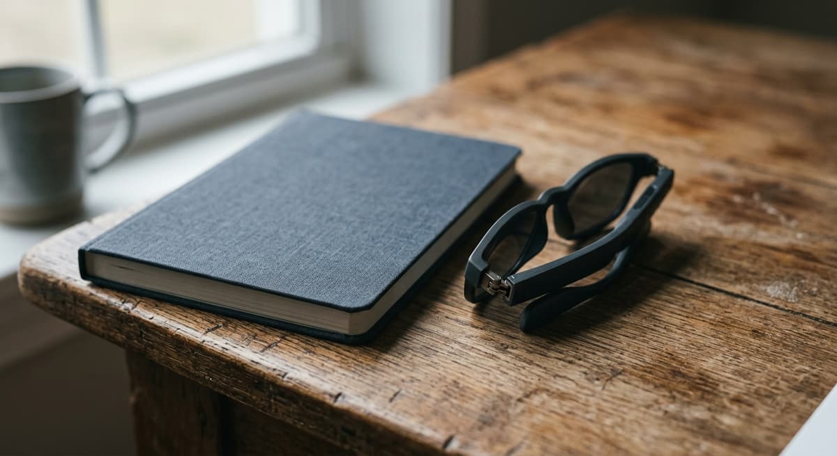 Alabama folded pair of smart glasses resting on a wooden desk beside a closed notebook