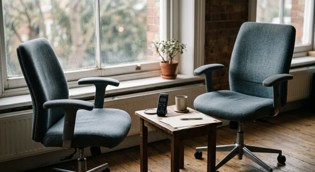 California two office chairs angled toward each other beside a window with a small voice recorder on the side table between them