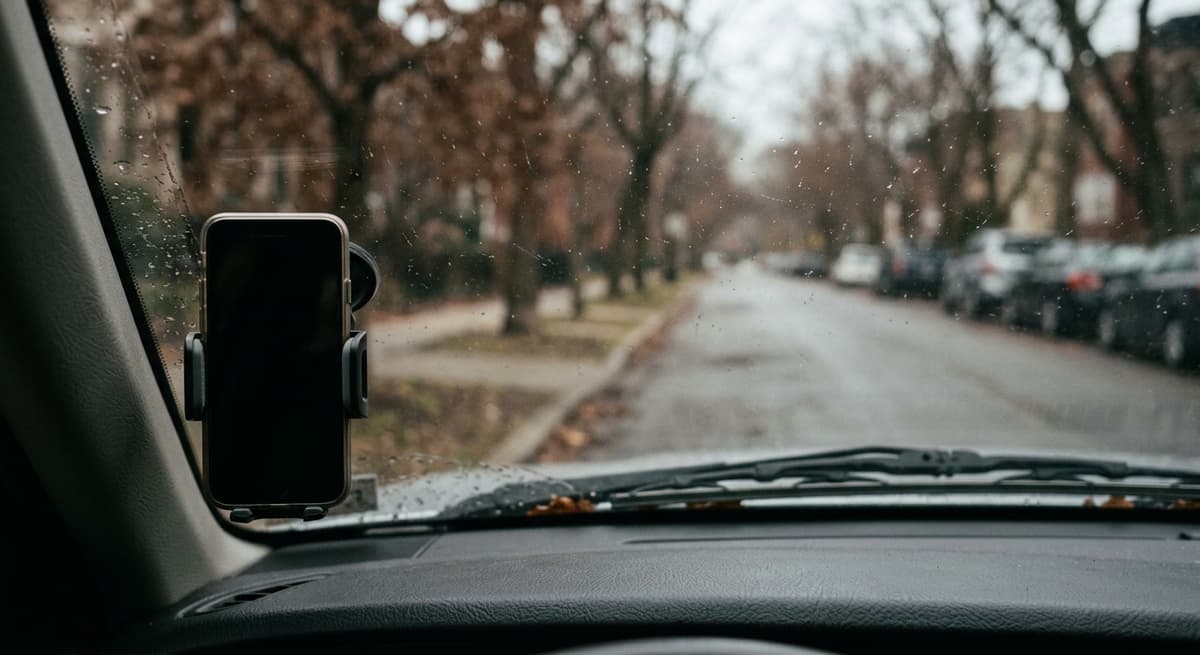 Oklahoma a phone mounted on a windshield seen from inside a parked car, an empty street blurred ahead through the glass