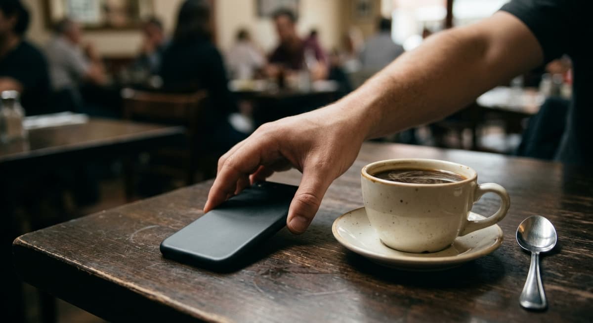Oklahoma a hand placing a smartphone face-down on a restaurant table beside a coffee cup, candid, no faces visible