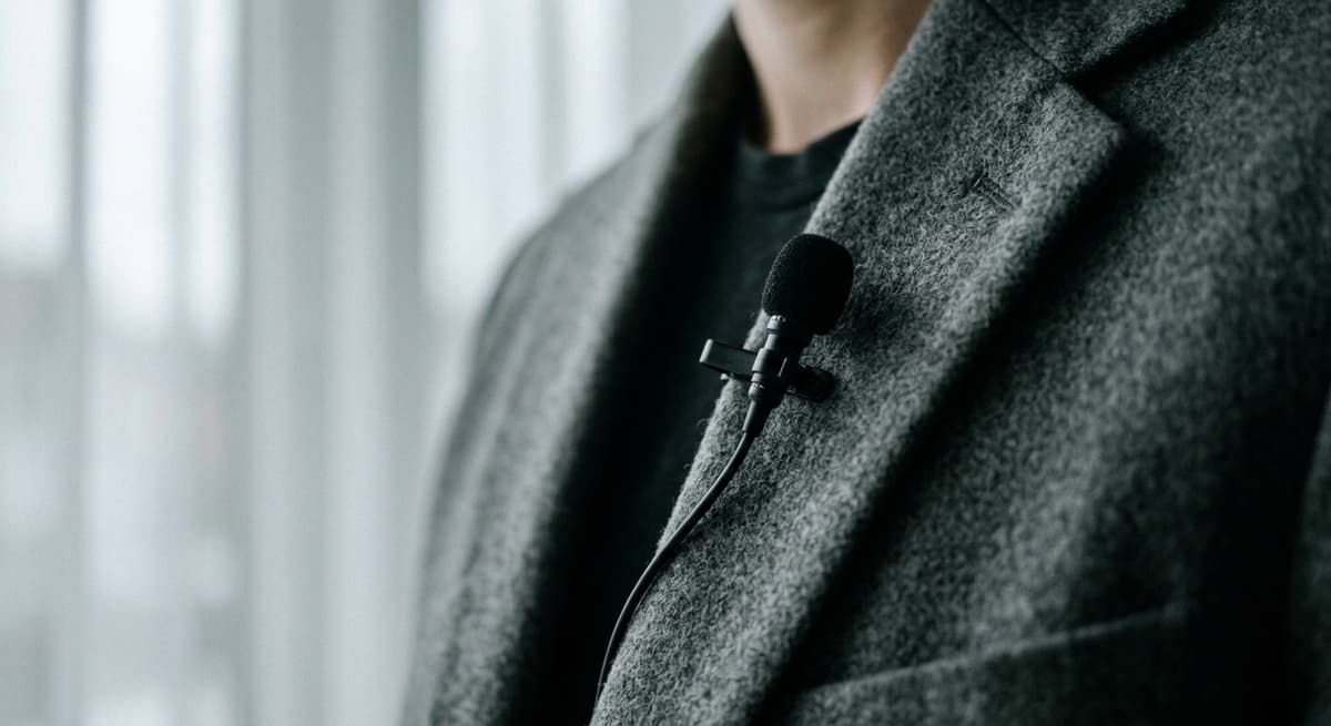 Oklahoma clip-on lavalier microphone attached to a jacket lapel in tight close-up, shallow focus