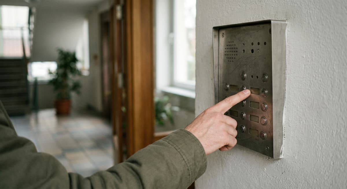 North Dakota hand reaching toward a wall-mounted intercom speaker panel in a blurred apartment lobby