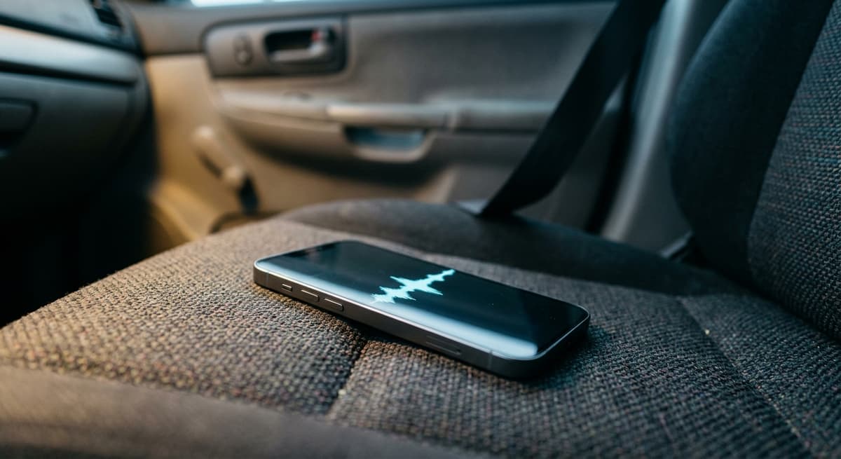 Texas a smartphone face-up on a car seat showing a glowing waveform, seatbelt and door blurred behind